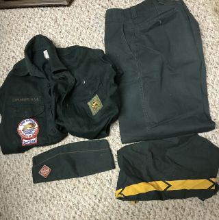 Vintage Bsa Boy Scout Explorer Dark Green Uniform Hat Scarf Belt.  Pants 29x27.