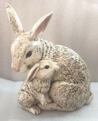 Bunny Rabbit Mother & Baby Ceramic Figurine 10 " H Hand Painted.  Easter