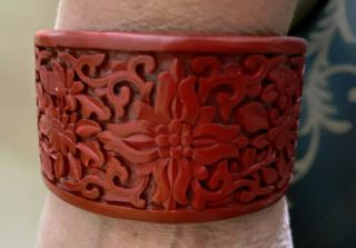 Vintage Thick Wide Carved Flowers Deep Red Cinnabar Bangle Bracelet Small Wrist