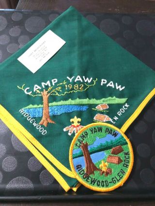 Bsa Camp Yaw Paw 1982 Embroidered Neckerchief & Patch Ridgewood - Glen Rock Bv