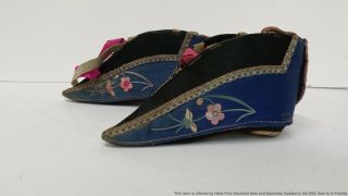 Antique 7in Pair Shoes Chinese Qing Silk Embroidered Iron Lotus Foot Binding