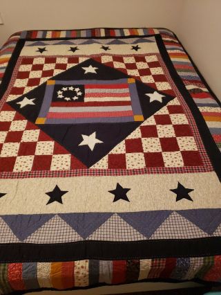 Vintage American Flag Stars Patchwork Handmade Quilt With Edging 85 " X 61 "