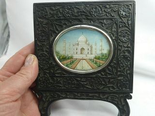 Antique Hand Painted Miniature Painting Taj Mahal India Carved Frame Silver Mt