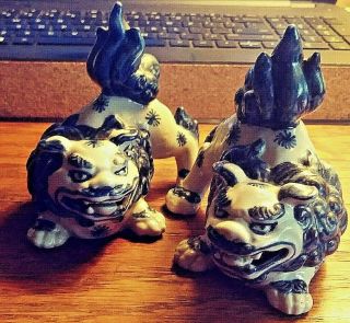 2 Chinese Antique Famille Verte Porcelain Foo Dogs 4 " Impressed Seal Cobalt Wht.