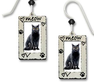 Cat In Meow Picture Frame Earrings,  Hearts,  Silver Dangle,  Gift For Fancier