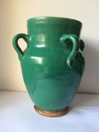 Antique Islamic Middle Eastern Green Pottery Vase With Four Handles