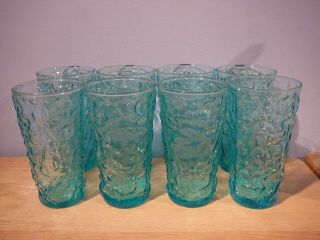 8 Vintage Crinkle Glass Morgantown Drinking Glasses Peacock Blue