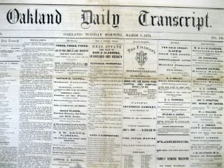 Rare 1870 Oakland Daily Transcript Newspaper California 150 Years Old