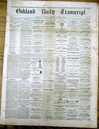 Rare 1870 OAKLAND DAILY TRANSCRIPT newspaper CALIFORNIA 150 years old 2