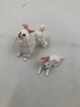 Vintage Set 2 Small White Poodle Dog Figurines W/ Pink Bow Porcelain 1.  5”