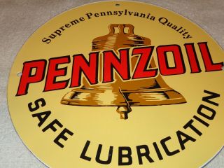Vintage " Pennzoil Safe Lubrication " 11 3/4 " Porcelain Metal Gasoline & Oil Sign