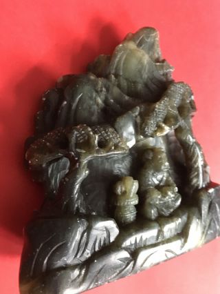 Vintage Chinese Carved Spinach Green Jade Landscape Statue Figure Ornament