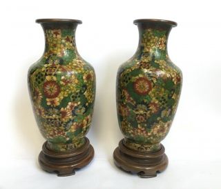 Antique Chinese Cloisonné Vases On Wooden Stands