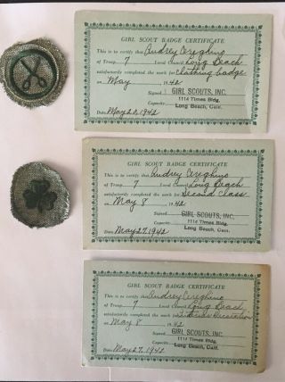 3 Rare Vintage Girl Scout Certificates & 2 Badges Silver Green - 1942 L.  B. ,  Ca