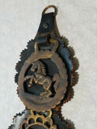 Vintage Decorative Black Leather Strap for Horse w 3 Brass Medallions tally ho 2