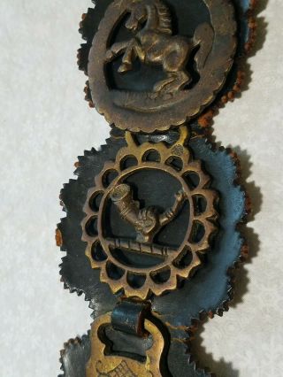 Vintage Decorative Black Leather Strap for Horse w 3 Brass Medallions tally ho 3