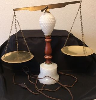Vintage Hobnail Milk Glass Scales Of Justice Table Lamp Wood Brass Light