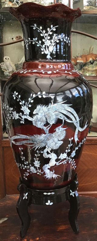 Large Vintage Black Lacquer Floor Vase Mother Of Pearl Inlay Pheasants 28 " Tall