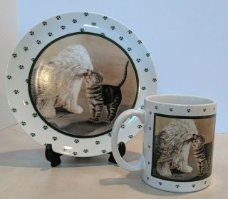 Vintage Vandor Coffee Cup And Plate 1989 Lowell Herrero Cat Dog Sheep Dog Paws