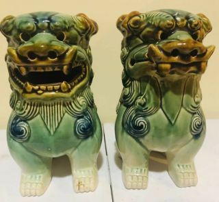 Two (2) Vintage Chinese Asian Glazed Ceramic Foo Dragon Dog Statues 7”