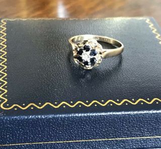 Vintage Ladies 9ct 375 Gold Sapphire & Diamond Flower Cluster Ring Size L / M