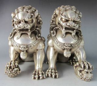 16cm / 6.  3 " Tibet Silver Bronze Fu Foo Dog Guardian Lion Statues Pair Statue