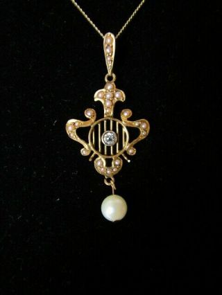 Antique Art Nouveau Diamond & Pearl Pendant In 14k Gold,  Signed,