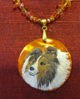 Shetland Sheepdog,  S & W,  Hand - Painted On Round Mop Pendant/bead/necklace