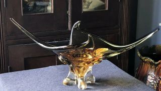 Vintage Chalet Lorraine Art Glass 19” Freeform Sculpture Bowl Gold Green Canada