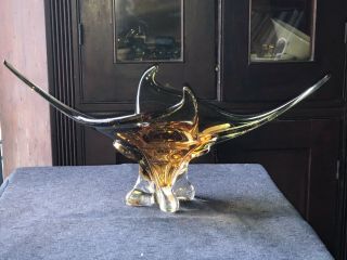 Vintage Chalet Lorraine Art Glass 19” Freeform Sculpture Bowl Gold Green Canada 2