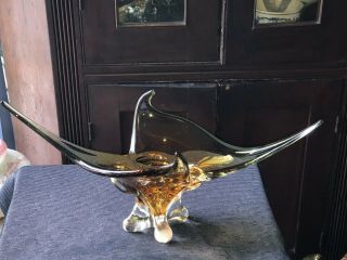 Vintage Chalet Lorraine Art Glass 19” Freeform Sculpture Bowl Gold Green Canada 3
