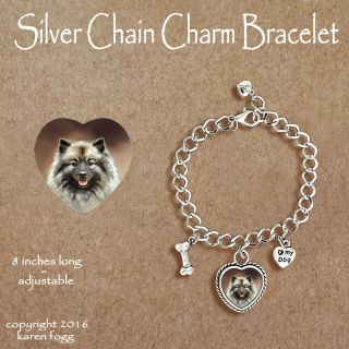 Keeshond Dog - Charm Bracelet Silver Chain & Heart