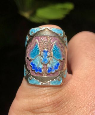 Old Chinese Export Silver Multi Color Enamel Butterfly Moth Adjustable Ring