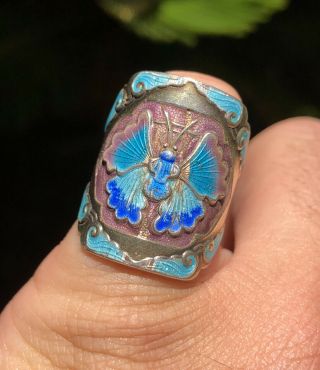 OLD CHINESE EXPORT SILVER MULTI COLOR ENAMEL BUTTERFLY MOTH ADJUSTABLE RING 2