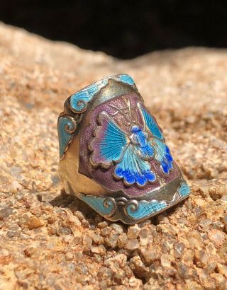 OLD CHINESE EXPORT SILVER MULTI COLOR ENAMEL BUTTERFLY MOTH ADJUSTABLE RING 3