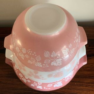 3 Vintage Pyrex Pink Gooseberry Cinderella Mixing Nesting Bowl Set 441 442 443 2