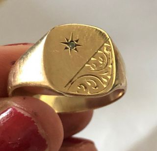Mens Vintage 9ct Gold & Diamond Signet Ring - size V - 4 gms 3
