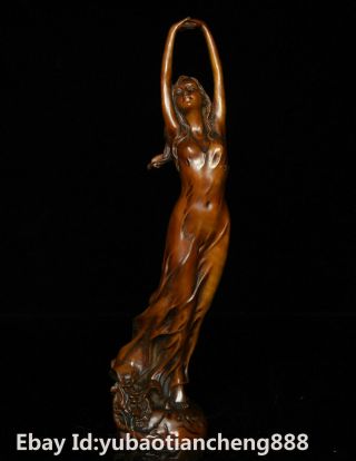 Old Chinese Folk Boxwood Wood Carved Beauty Belle Goddess Woman Statue
