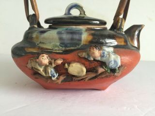 Antique Sumida Gawa Japanese Porcelain Meiji Period Teapot Rattan Handle