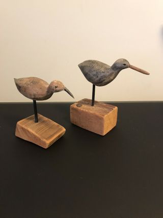 2 Vintage Hand Carved Wood Birds On Stand - Signed By Artist