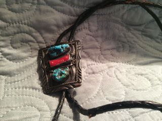 Vintage Bennett Sterling Silver Bolo Tie Black Leather,  Turquoise Stone