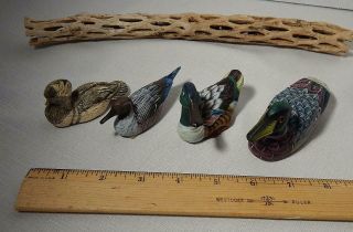 Vintage Set Of 4 Miniature Duck Decoys 3 Wooden Hand Painted 1 Resin Signed
