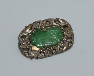 Antique Chinese Carved Natural Green Jade Foo Dog Pendant Silver Pin