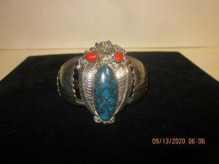 Vintage Navajo Sterling Silver 925 Turquoise Coral Cuff Bracelet - 39 Grams