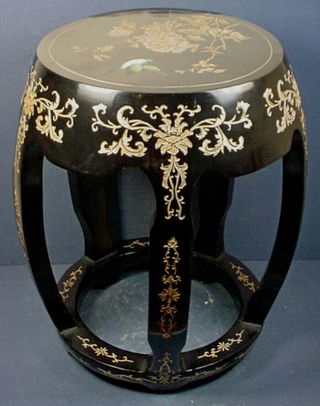 Vintage Chinese Black & Gold Lacquered Wood Open Drum Garden Stool / Seat