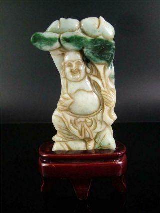 Antique Old Chinese Jadeite Emerald Jade Carved Statue Buddha,  Peach