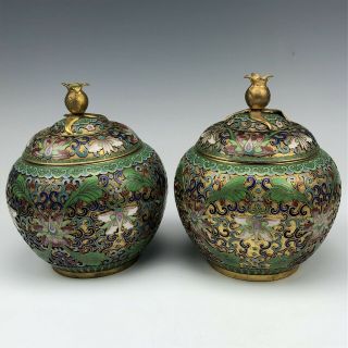 Pr Jingfa China Chinese Enamel Cloisonne Floral & Scroll Lidded Jar Vases Hed