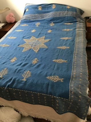 Vintage Wool & Chenille Bedspread Blue
