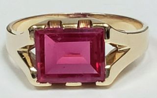 Art Deco 10k Yellow Gold 10x8mm Emerald Cut Red Stone Men Size 9.  5 Ring Vintage