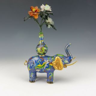 Vintage Chinese Cloisonne Oriental Elephant & Vase - With Hardstone Flowers